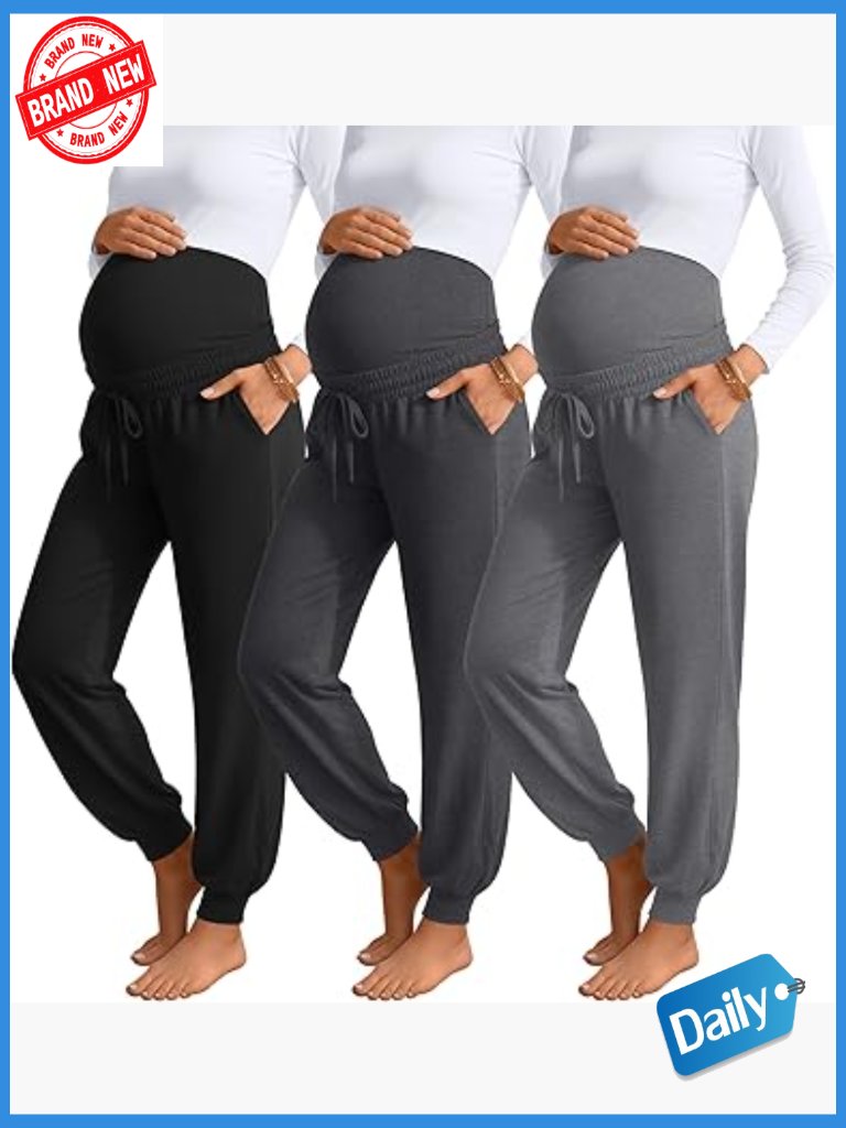 3 Pack Maternity Joggers Over Belly Pregnancy Pants With Pockets